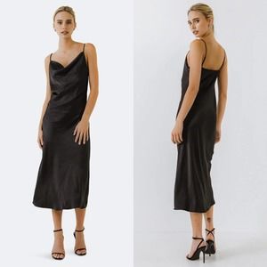 Endless Rose NWT Womens Satin Midi Dress Black LBD Sz S Cowl Neck Slip On
